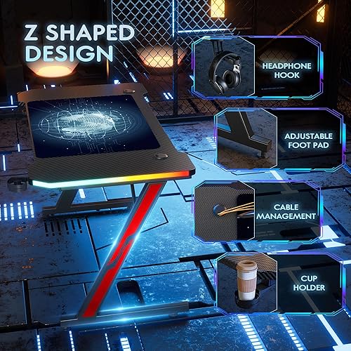 Miniatura 7 de Homall Escritorio para computadora de juegos con superficie de fibra de carbono, mesa de juegos en forma de Z, oficina en casa con soporte para