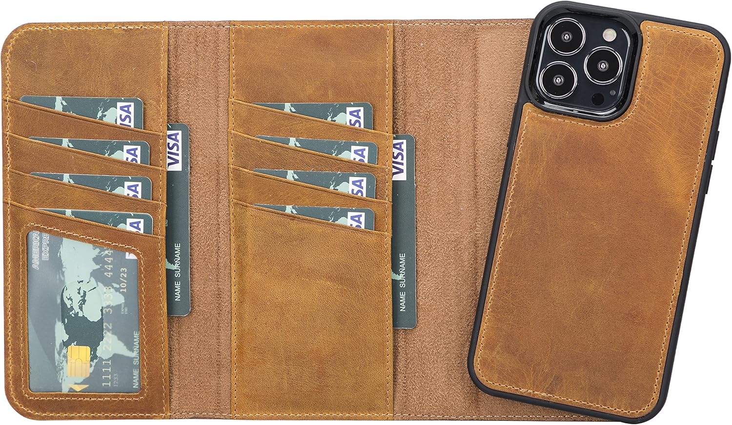 Bayelon Case Compatible with iPhone 13 Pro, Full Grain Trifold Leather Wallet [2in1], Detachable Magnetic Flip Cover with Card Slots (Antique Camel)
