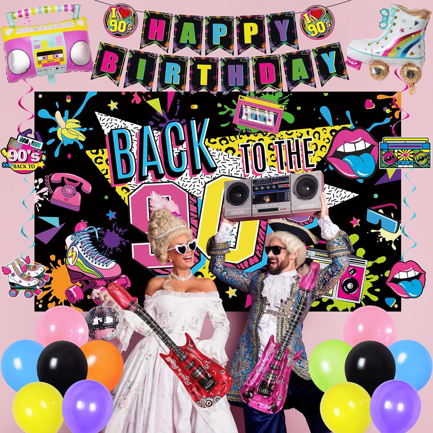 Holkcog 90s Party Decorations, 90’s Theme Birthday Party Decorations Supplies, 90’s Party Supply With Back To The 90s Banner Backdrop , Radio And Rock Guitar Ballons, 1990s Theme Birthday Decor women