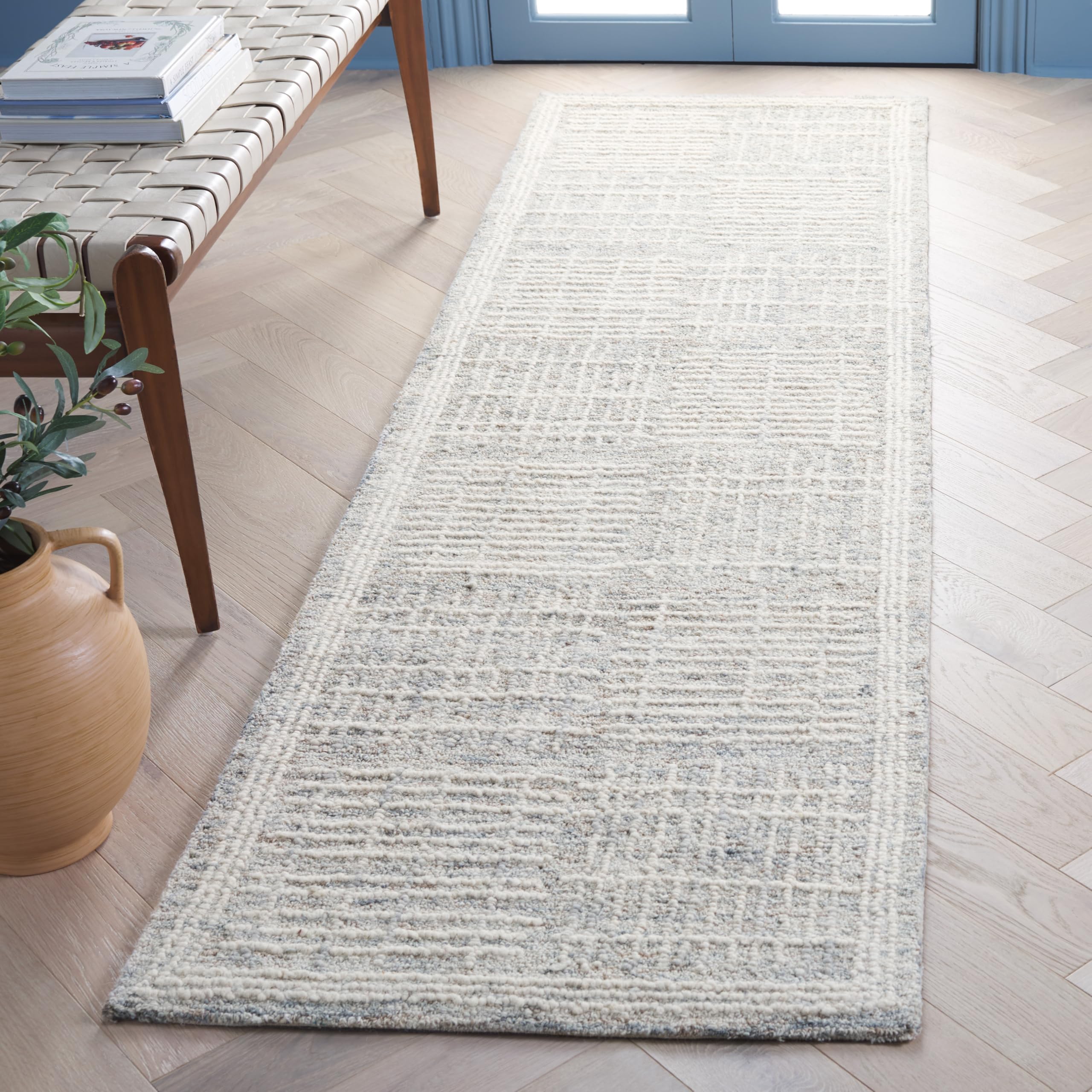 SAFAVIEH Abstract Collection Runner Rug - 2'3" x 8', Dark Grey & Ivory, Checkered Design, Handmade Wool, Ideal for The Living Room, Bedroom, Dining