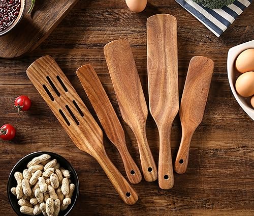 Miniatura 4 de Juego de 6 espátulas de madera para cocinar, juego de 6 espátulas de teca natural con barril de almacenamiento de acero inoxidable, utensilios de