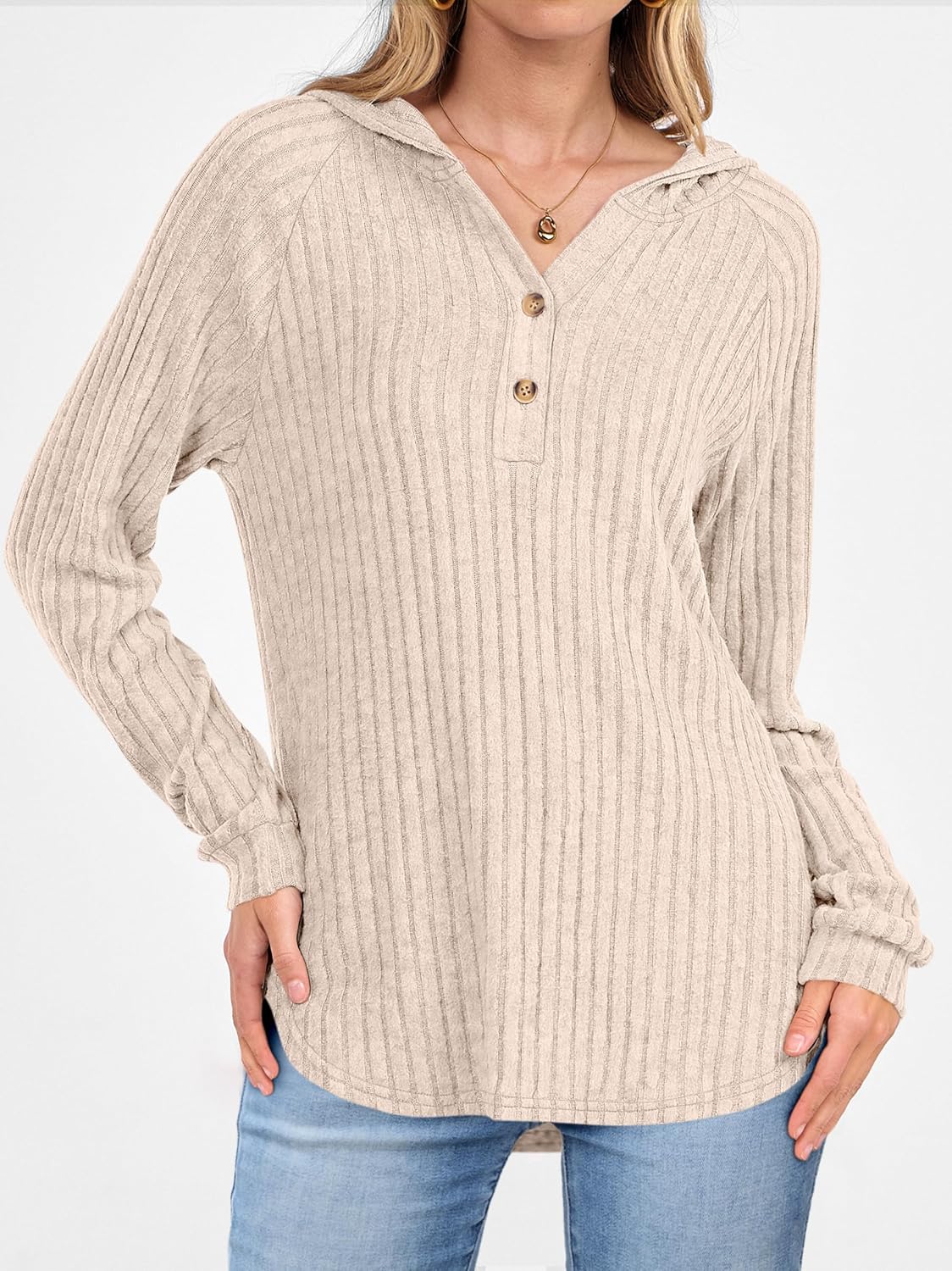 ANRABESS Womens Long Sleeve Henley Tops Ribbed Knit Hoodie Shirts 2026 Spring Loose Fit Lightweight Hooded Sweaters - Image 2