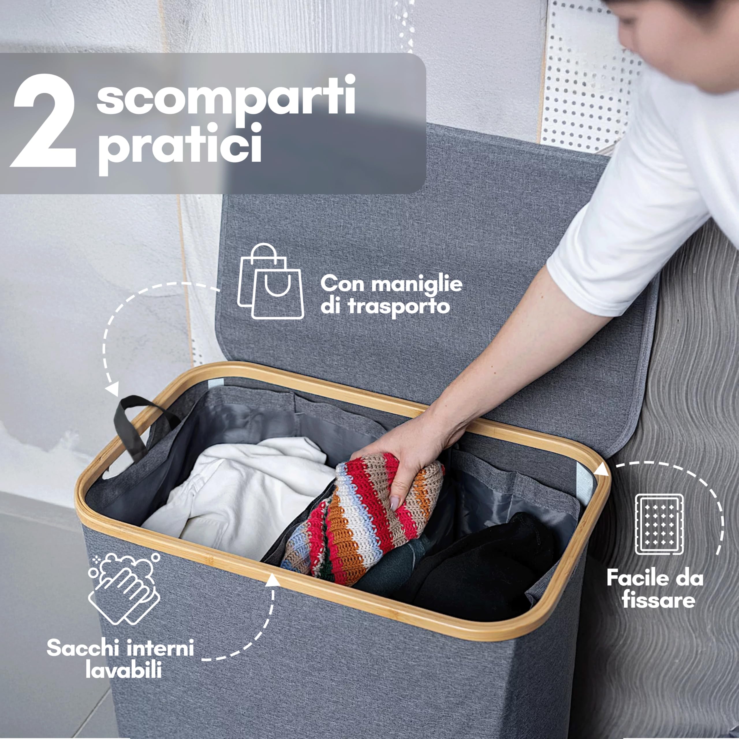 Cesto portabiancheria con coperchio, contenitore bucato con 2 scomparti, 100 litri, stretto e alto, tessuto Oxford, struttura stabile, grigio