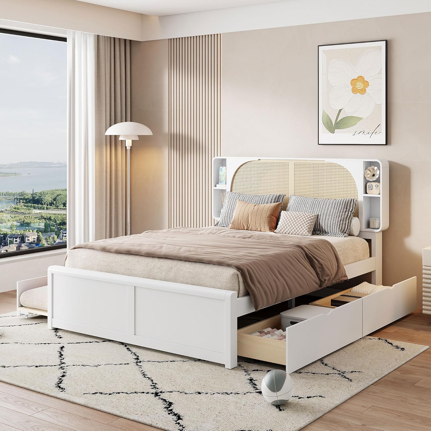 Platform Bed with PullOut Trundle, 2 Drawers and 4 Storage