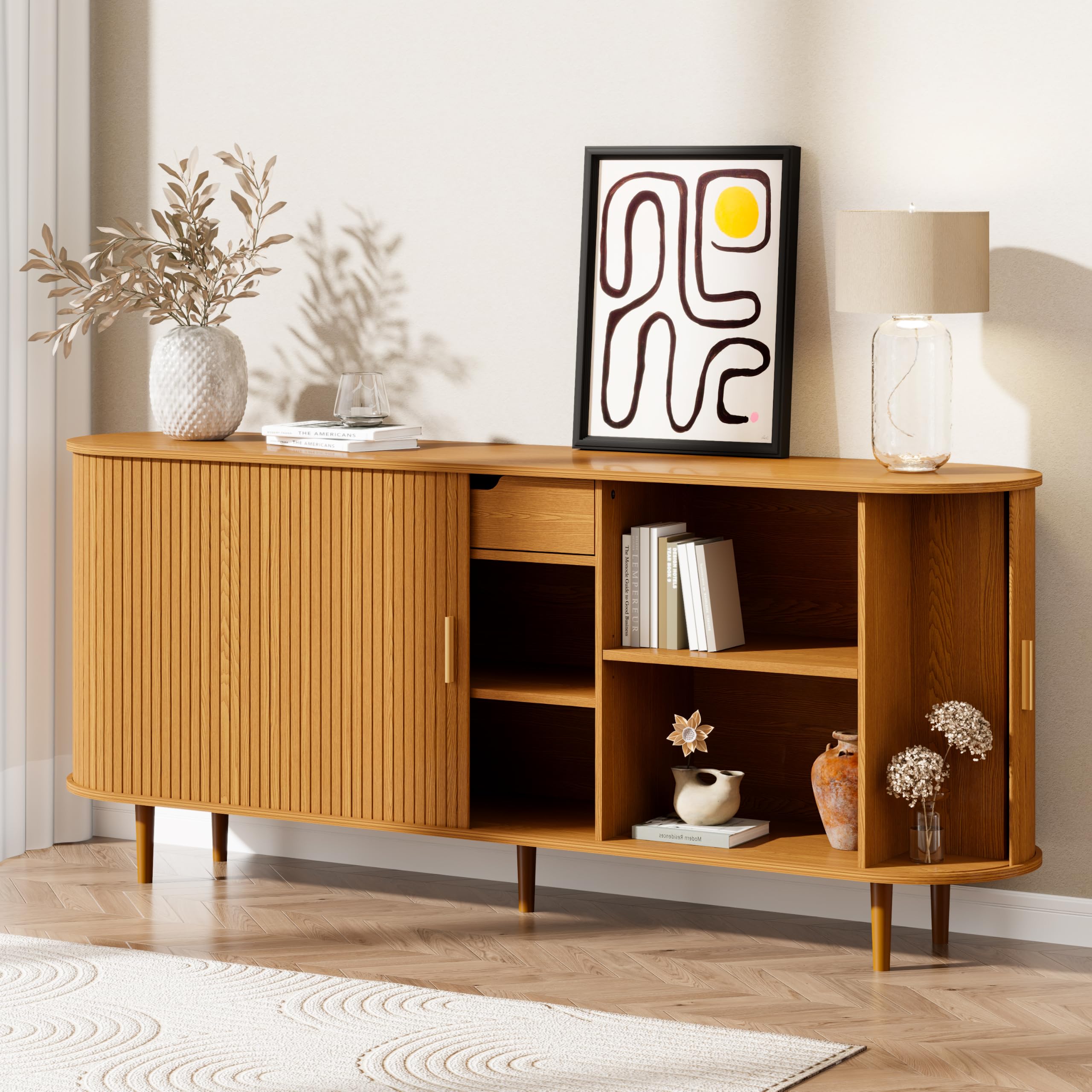 71" Sideboard Buffet Cabinet with Storage,Large Credenza with Sliding Doors and1 Drawer,Mid Century Modern Coffee Bar Cabinet with Adjustable Shelves for Dining Room,Kitchen,Living Room(Yellow Walnut)