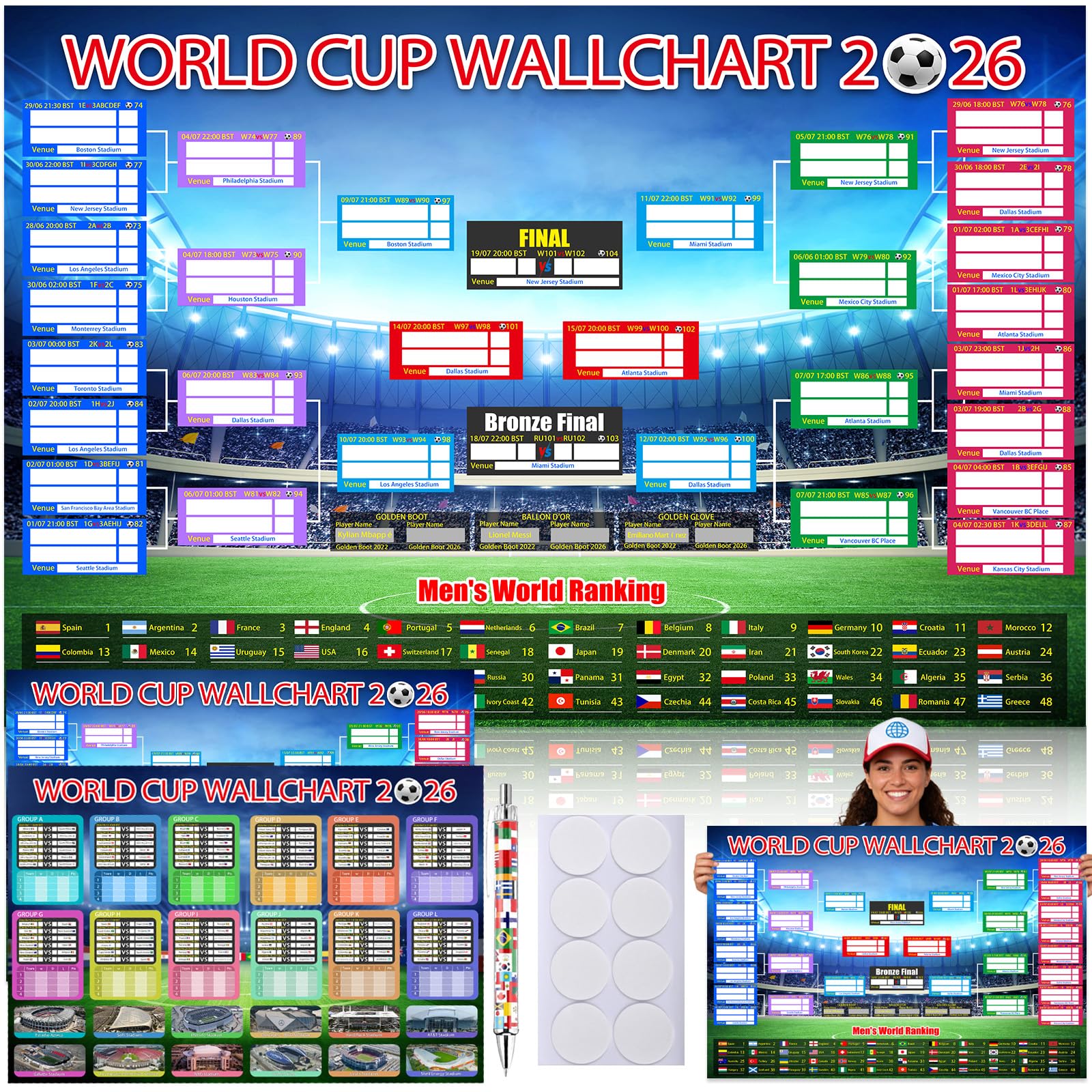 Aurblyn 11 Pcs World Cup Football 2026 Tournament Fixtures Folded Poster Handwritten Watercolour Pen World 8adhesive Backing 87x58cm For Bedroom For Men and Women Gifts for Fans (Background -3)