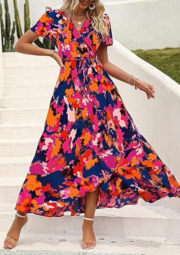 Miniatura 6 de PRETTYGARDEN - Vestido largo de verano para mujer con cuello en V, estilo bohemio, floral, manga corta, dobladillo con volantes, para playa,