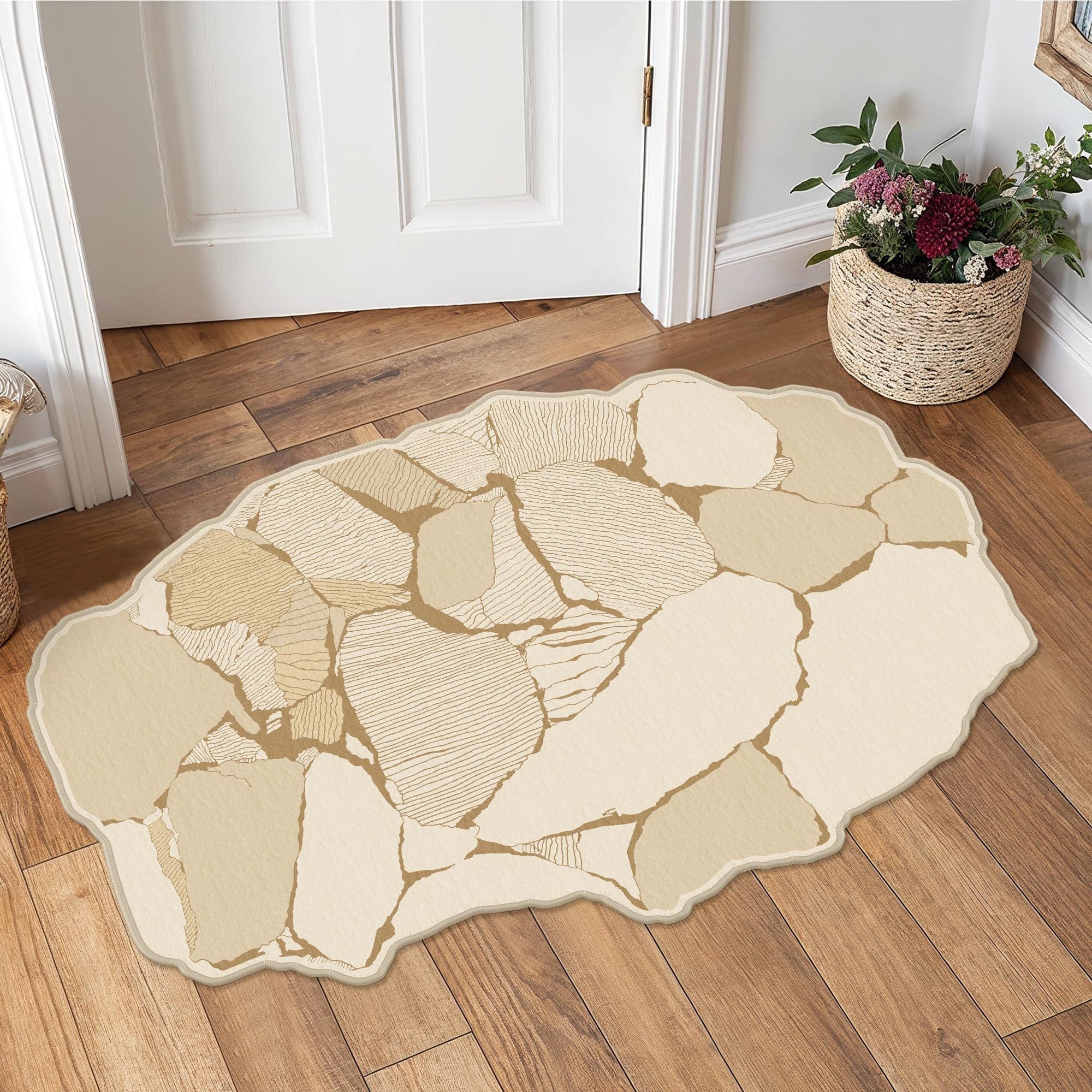 Area Rugs 2x3 for Entryway, Machine Washable Rugs for Entrance Living Room, Modern Irregular Abstract Indoor Door Mat Soft Rug, Special-Shaped Non Slip Carpet with Rubber Backing, Panelled Beige