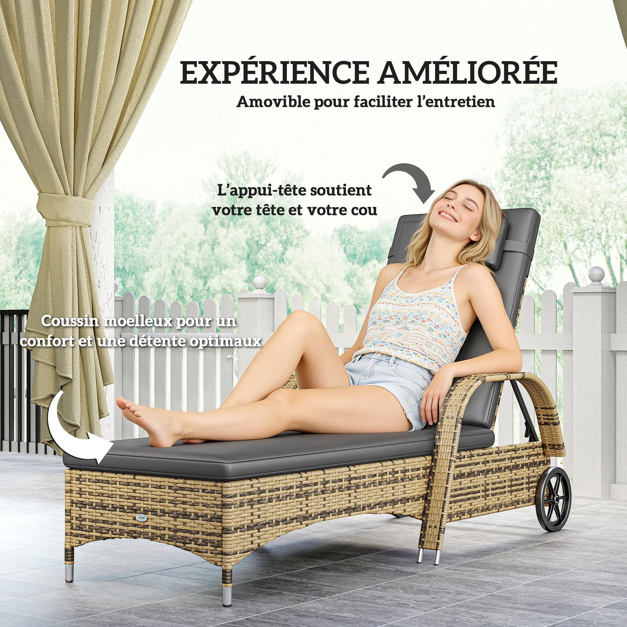 Outsunny Transat Bain de Soleil Grand Confort Matelas Têtière Jaune