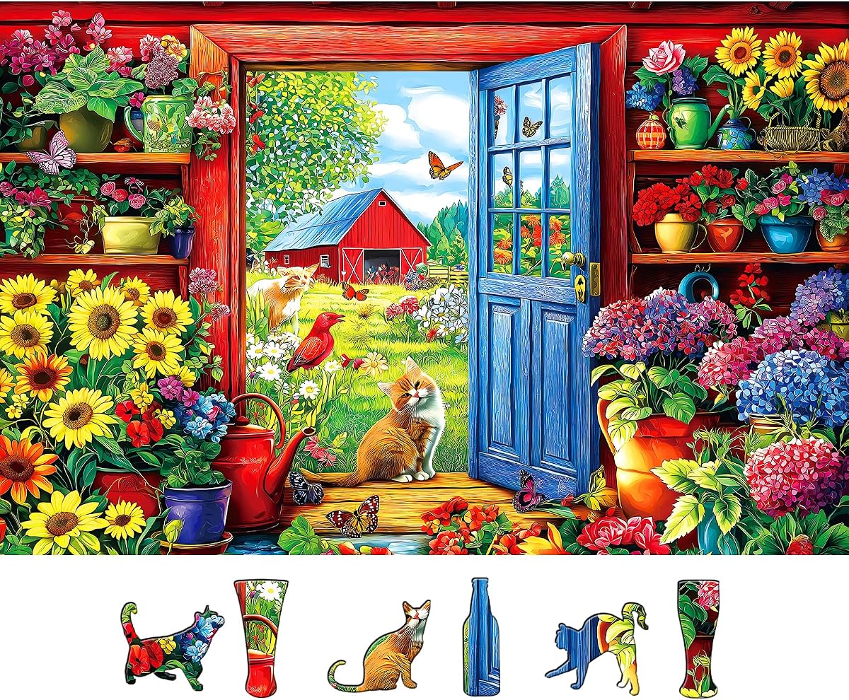MINIWAN Rompecabezas de gatos de jardín para adultos, 500 piezas, 23 "x 15" | Tema floral de granja, letras en la parte posterior, póster de referencia incluido, sin polvo, para regalos, juegos de fiesta, desafío familiar