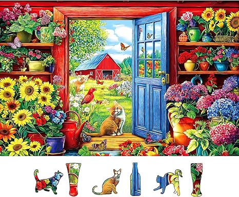 500 Piece Jigsaw Puzzle for Adults - Country Garden with Cats & Sunflowers, 23x15 Inch Unique Art Puzzle with Shaped Pieces