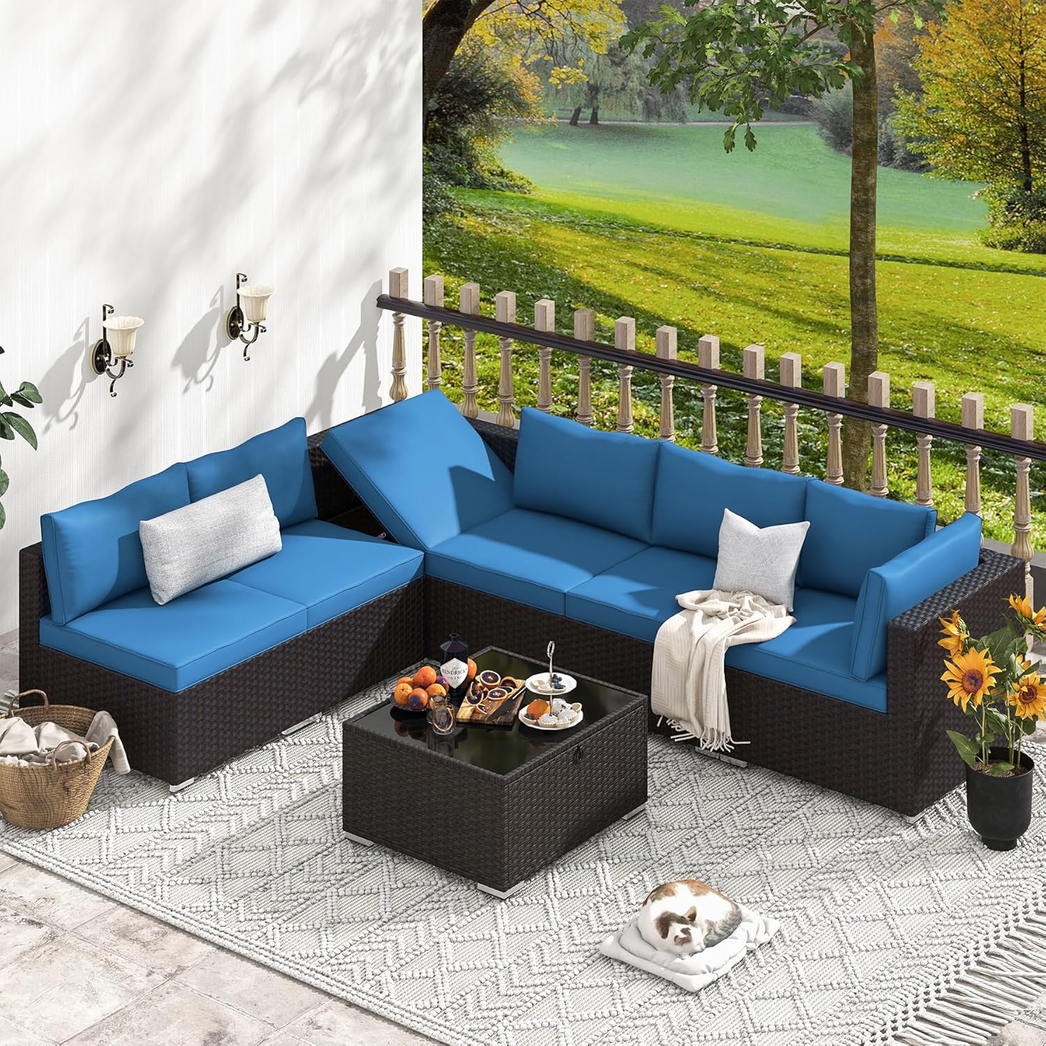 7 Piece Patio Furniture Set with Adjustable Bracket Wicker Rattan Patio Conversation Sets Outdoor Sectional Sofa Set with Wood Table and Cushions for Porch Lawn Garden, Blue