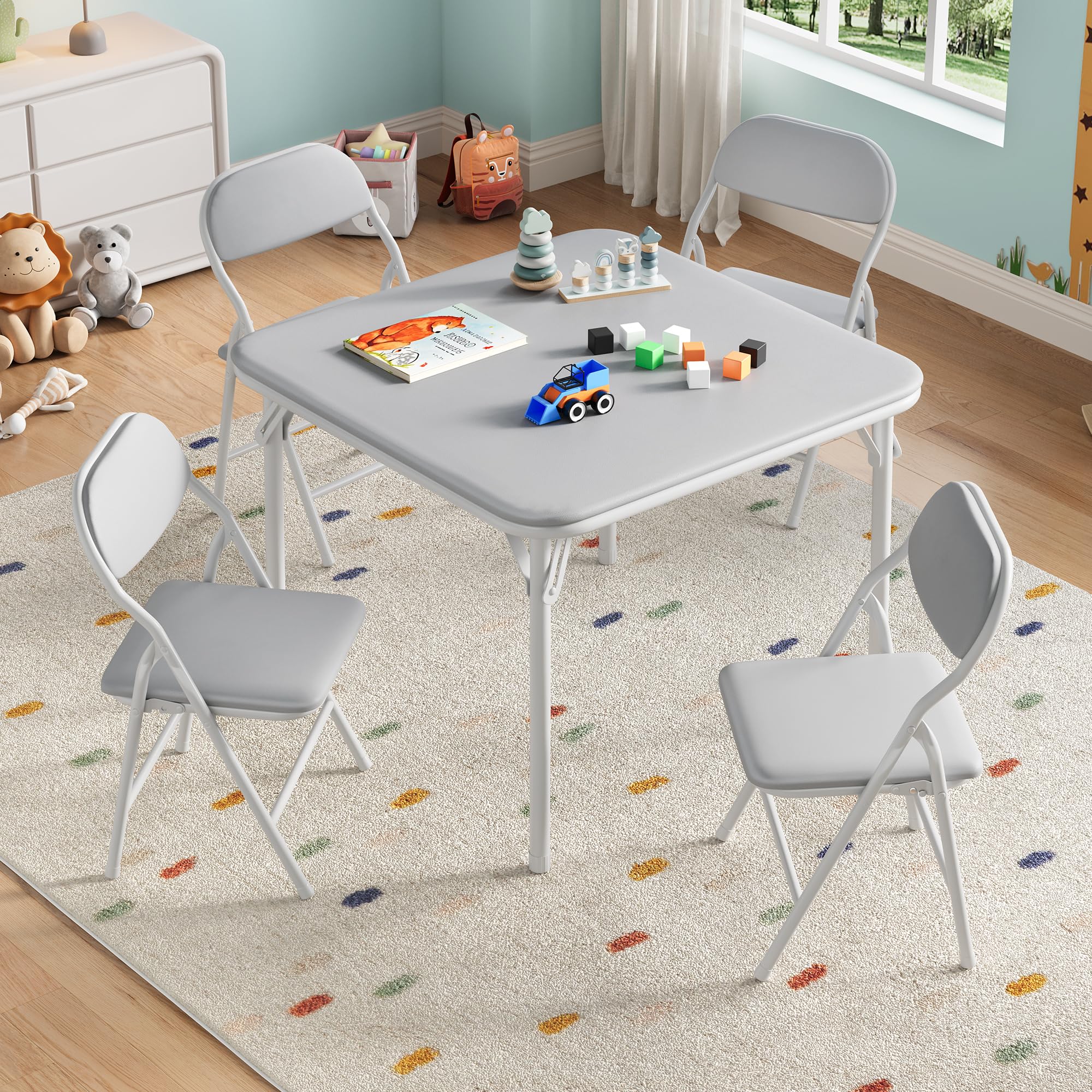 5-Piece Kids Folding Table with Chairs, Upholstered Foldable Table and Chair Set with Thicken PU Tabletop, Cushions, Toddler Activity Table Chairs Furniture with Round Corners, Foot Caps, for Playroom