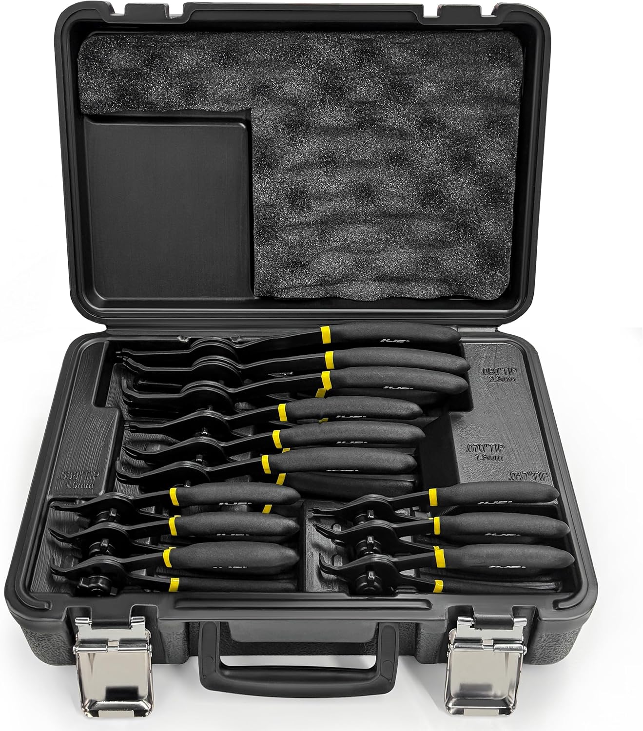 KJE 12Pcs Heavy Duty Snap Ring Pliers Set, Fixed Straight/45°/90° Jaw Tips Internal & External Circlip Pliers, Versatile Retaining Snap-Ring Pliers set for 0.038" 0.047" 0.070" 0.090"
