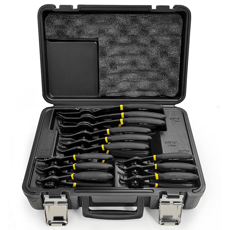 Kit de Alicates para Anéis de Retenção KJE com Pontas Retas, 45° e 90° em Aço Cromo-Vanádio, 12 peças