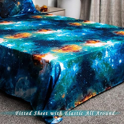 Miniatura 6 de Bedlifes - Juego de sábanas con temática de galaxia de 3 piezas, una sábana encimera, una sábana bajera con 1 funda de almohada (azul, tamaño