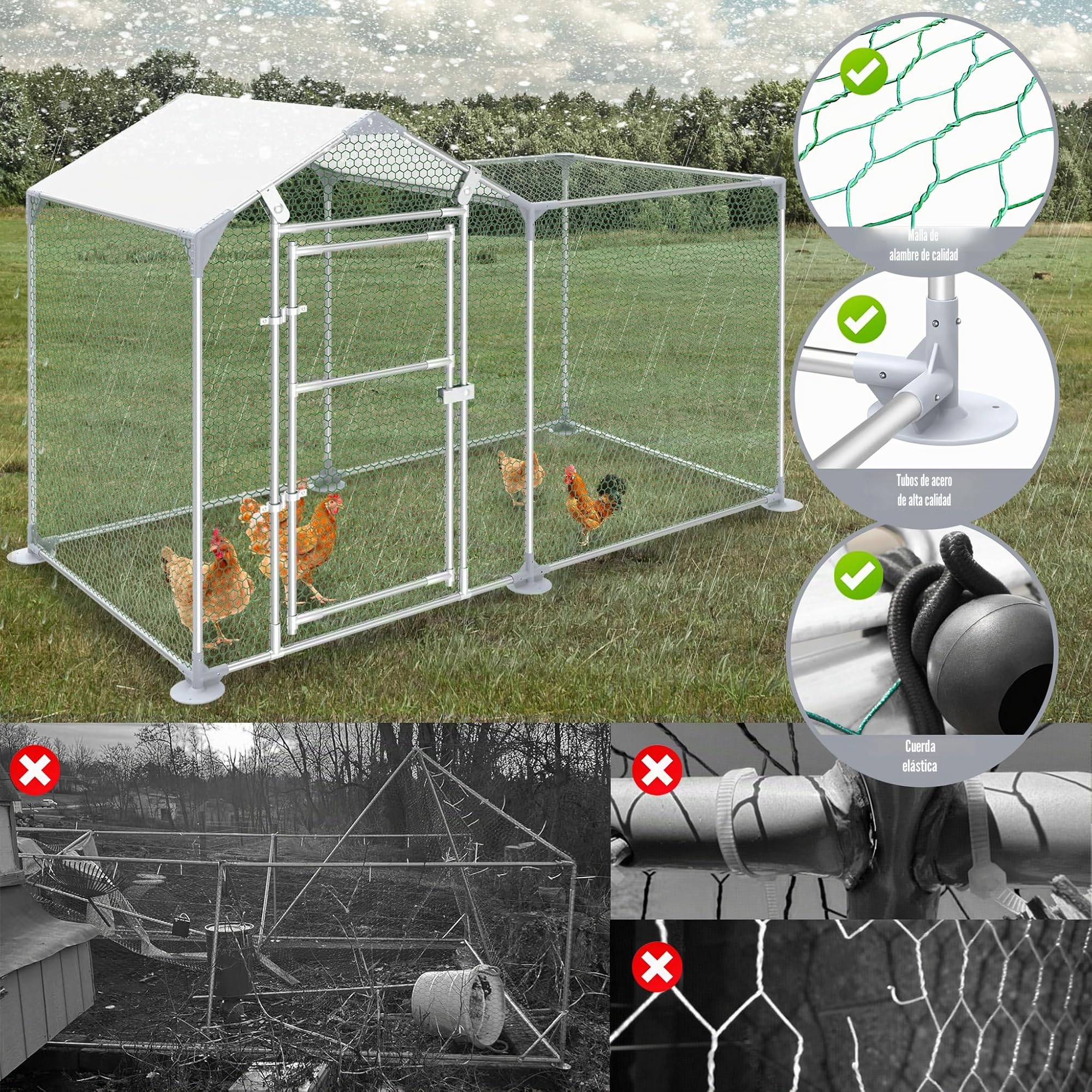 NAIZY - Parque para gallinas con cerradura, gallinero de 4 m x 1 m - Estructura de acero galvanizado con techo protector solar de PE - Pequeño gallinero para gallinas, jaula para pájaros