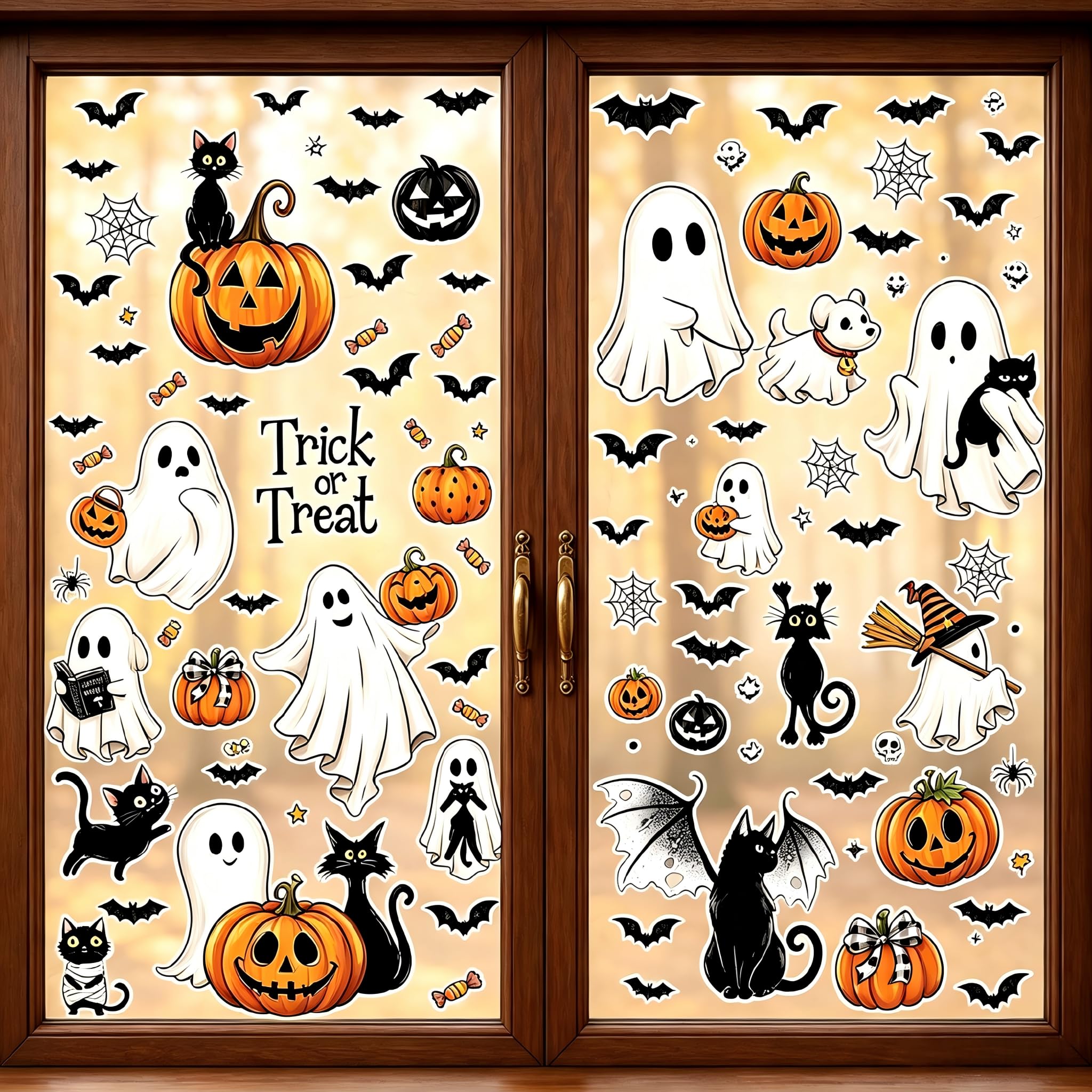 Halloween Fensterbilder 8 Blätter 65 Stück Halloween Fenster Aufkleber | Wiederverwendbare statische Fensteraufkleber mit Kürbis, Geist, Schwarze Katze, Fledermaus, Halloween Deko Fenster