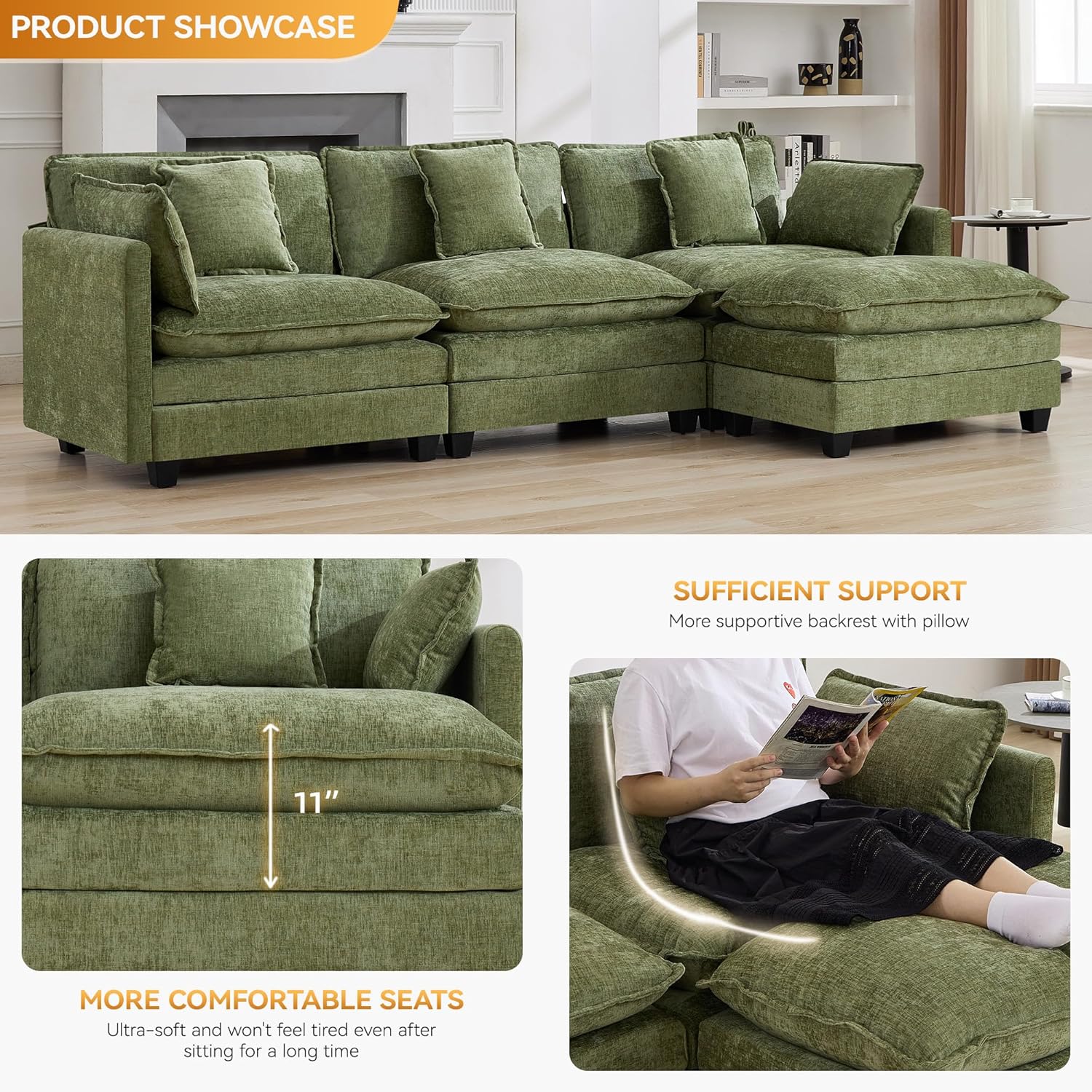 111'' Cloud Deep Seat Sectional Couch, Modern Comfy Chenille L Shaped Sectional Sofa with Movable Ottoman, Upholstered Modular 4-Seater Sofa Couch for Living Room, Green
