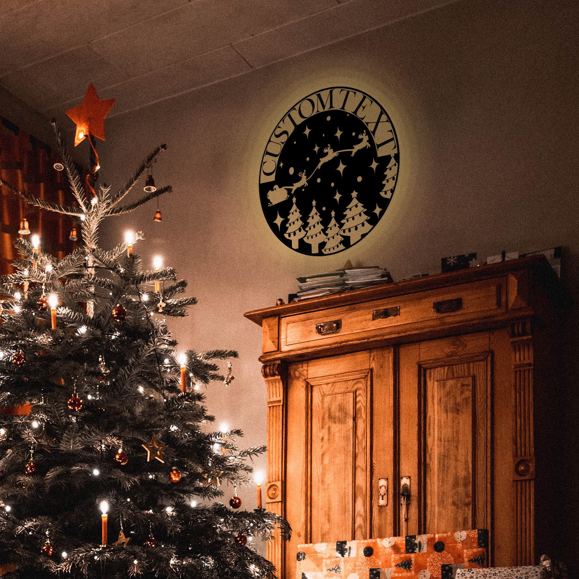 Letrero de Metal con Nombre rústico Personalizado con Luces LED, Letrero de Nombre con Monograma de Ciervo de Navidad, decoración de Arte de Pared de Puerta Delantera Personalizada