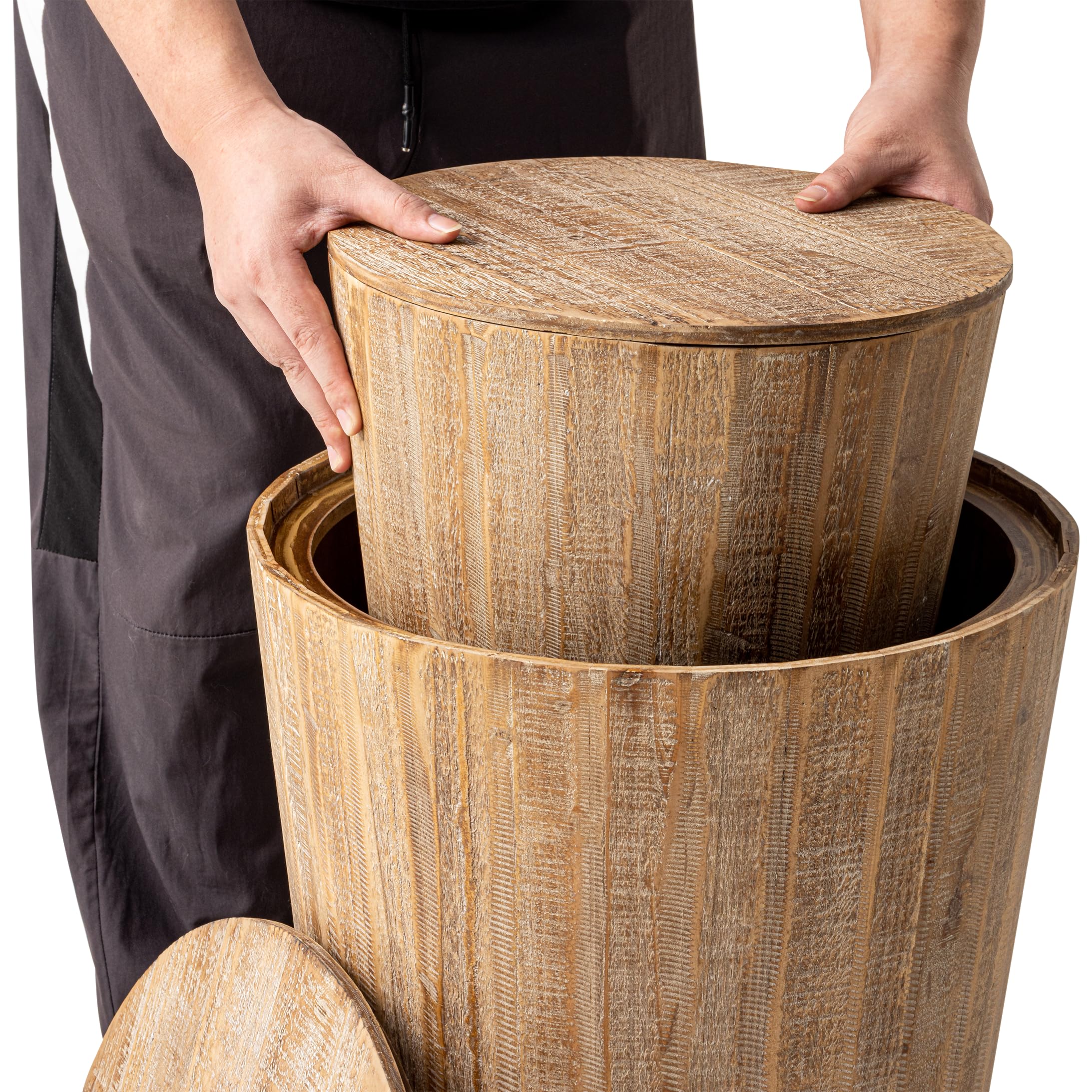 Aoikax Farmhouse Nesting Barrel Side Table, Fully Assembled, Natural | Rustic Space Saving Storage End Table Set, Natural Wood Finish