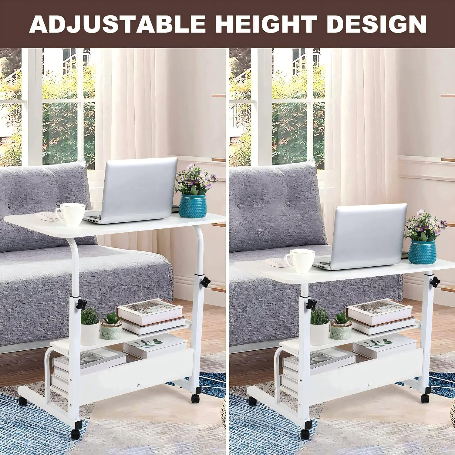 Computer Desk Adjustable Home Office Bedside Small Spaces Storage Convenient Universal Movable Table Detachable Wheels Living Room Sofa Furniture Size 15.7 * 31.5 Inch,White