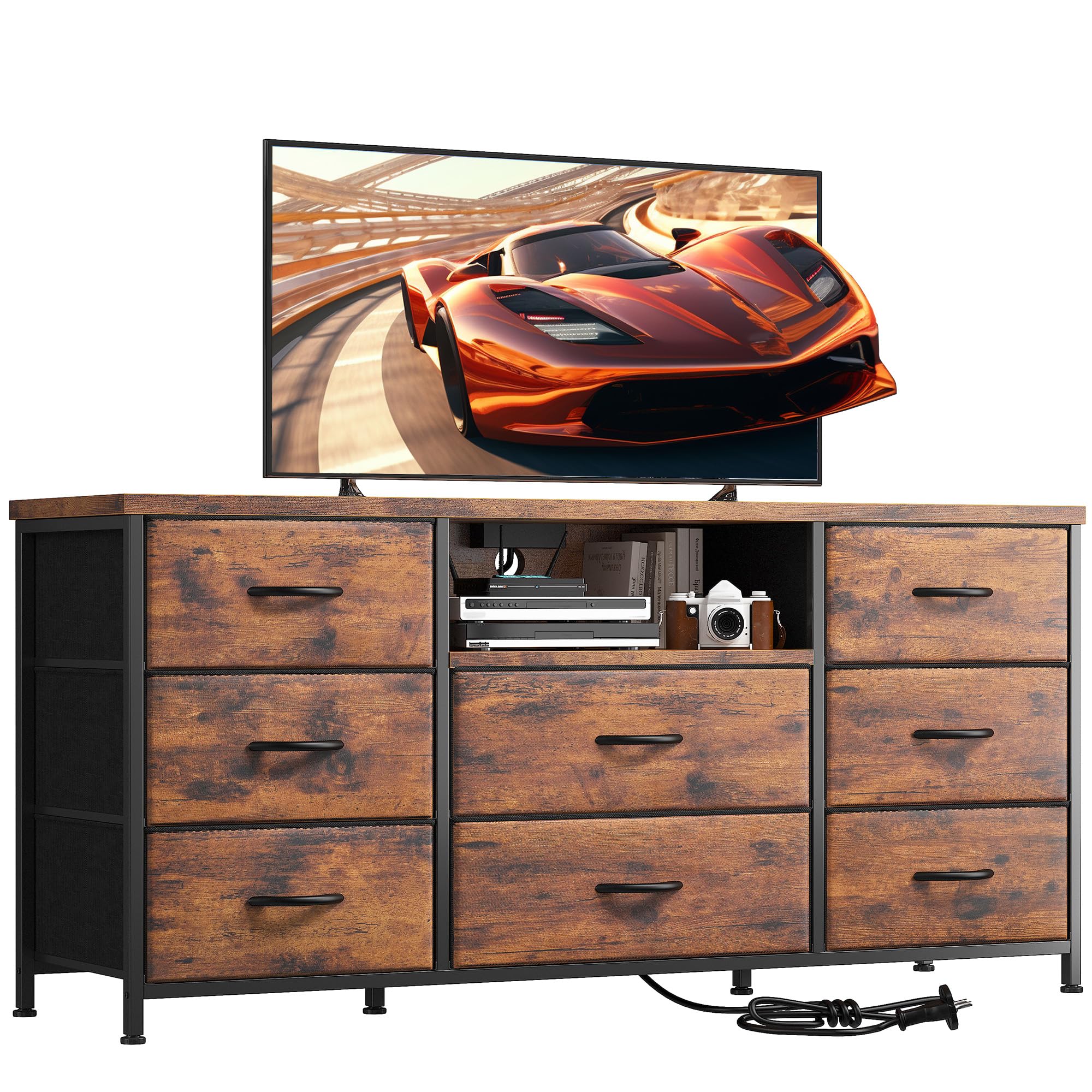 Dresser for Bedroom with Power Outlets, 55" TV Stand Dresser with 8 Drawers, Fabric Dressers & Chest of Drawers for Living Room, Entryway, Rustic Brown