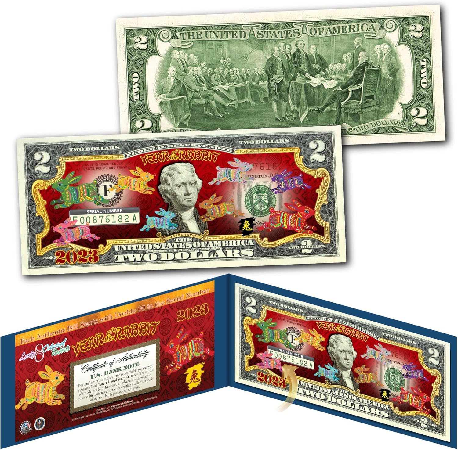 2023 Chinese Lunar New Year of The Rabbit Polychromatic 8 Colorized Rabbits Uncirculated Two Dollar Bill Special Edition Collectible Blue Folio & Red Envelope Thumbnail