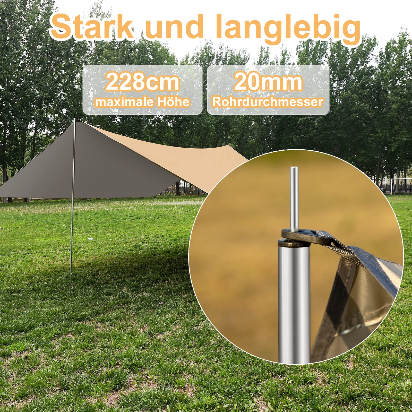 WADEO Camping Zeltplane wasserdicht 4 x 3 m, Plane Regenfliege mit Stangen Heringen Zeltspannleinen, Ultraleichtes Camping Tent Tarp, Khaki
