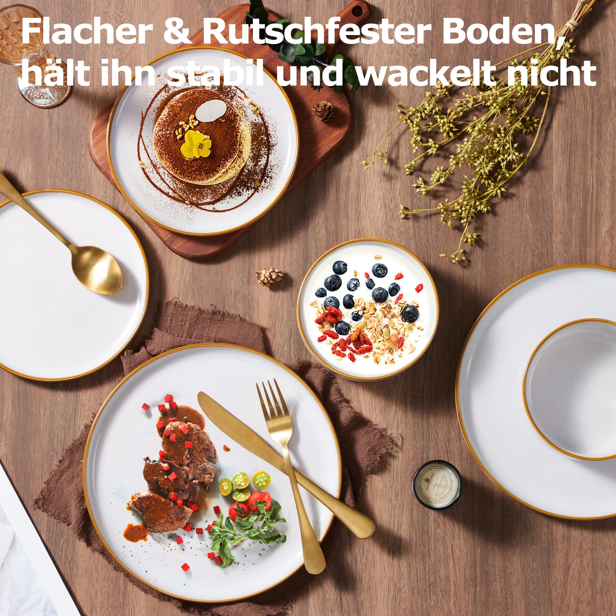 Service de vaisselle pour 6 personnes, Onader Service de table 18 pièces en grès combiné, 6 assiettes, 6 assiettes à dessert, 6 bols à céréales, résistant au lave-vaisselle – Perle Beige