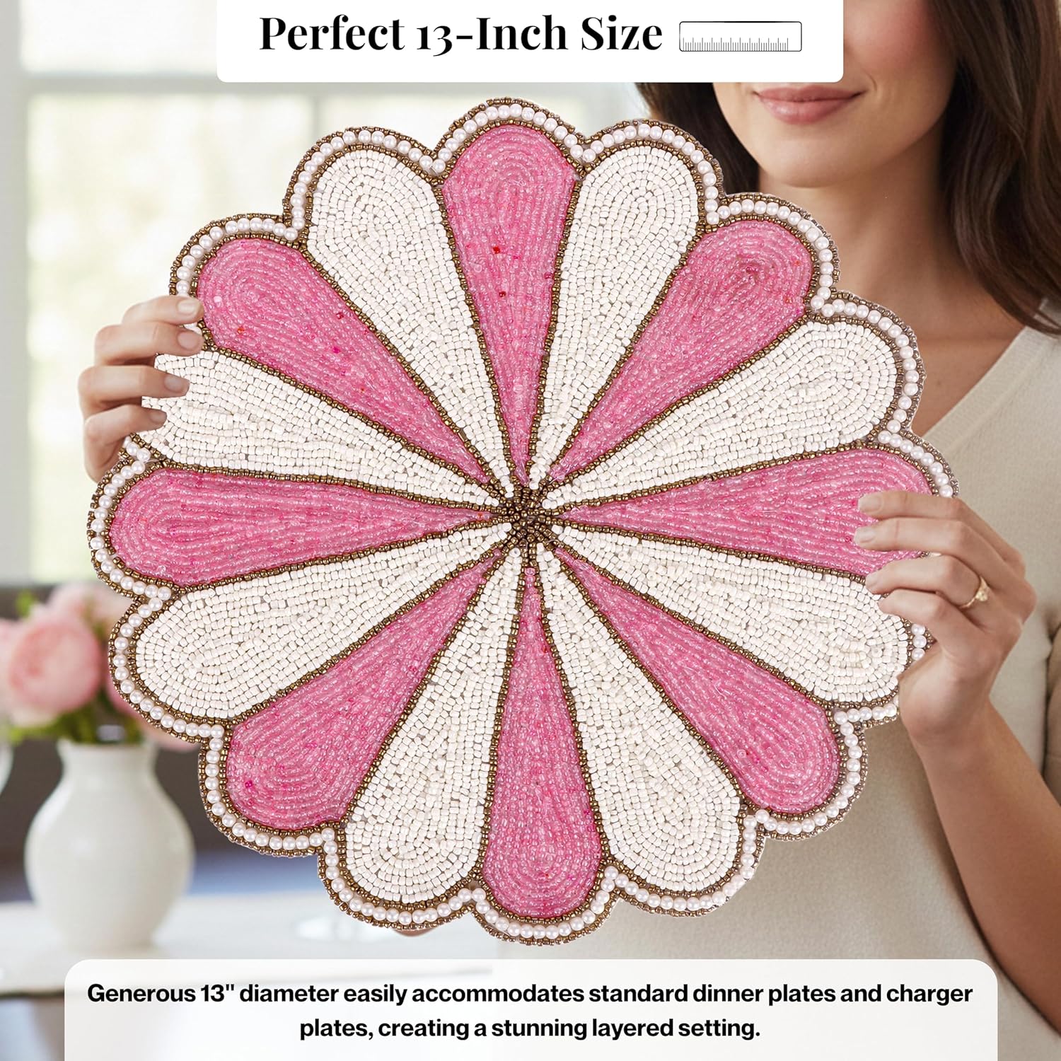 Decorative Beaded Table Mat - 13-Inch Placemat for Dining & Coffee Tables - Handcrafted Beaded Charger Plate - Elegant Place Mat for Dinner Parties & Home Décor (Pink White) - ALPHA Living HOME