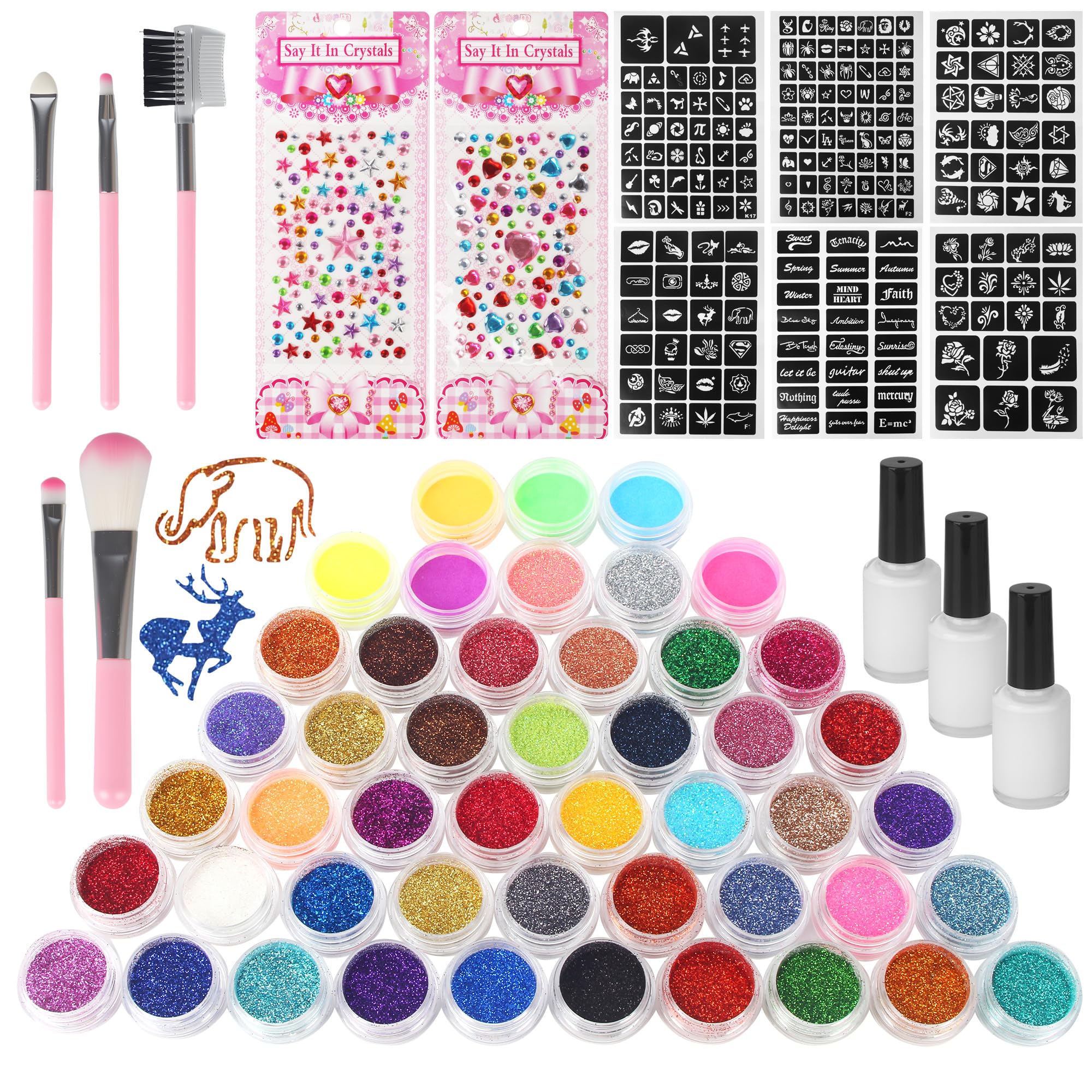 Kit Tatuaggi Glitterati, adatto a bambini e bambine dai 4 ai 12 anni, Kit per Tatuaggi flash temporanei con 48 colori, 192 modelli, 5 pennelli, 3 flaconi di colla, 2 fogli di adesivi glitterati