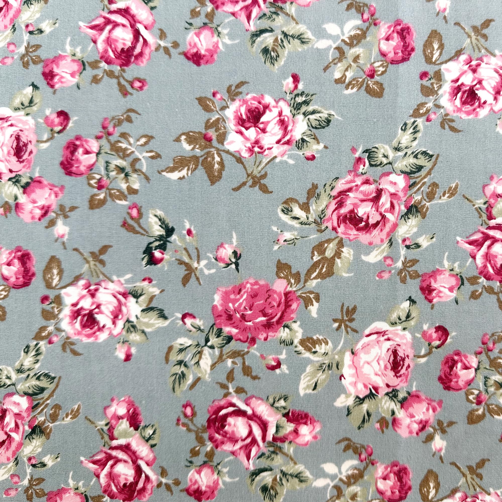 Glamour Secrets Pink Cotton Fabric - Cottage Roses Floral On Duck Egg - Quilting Craft Dress Fabric Material
