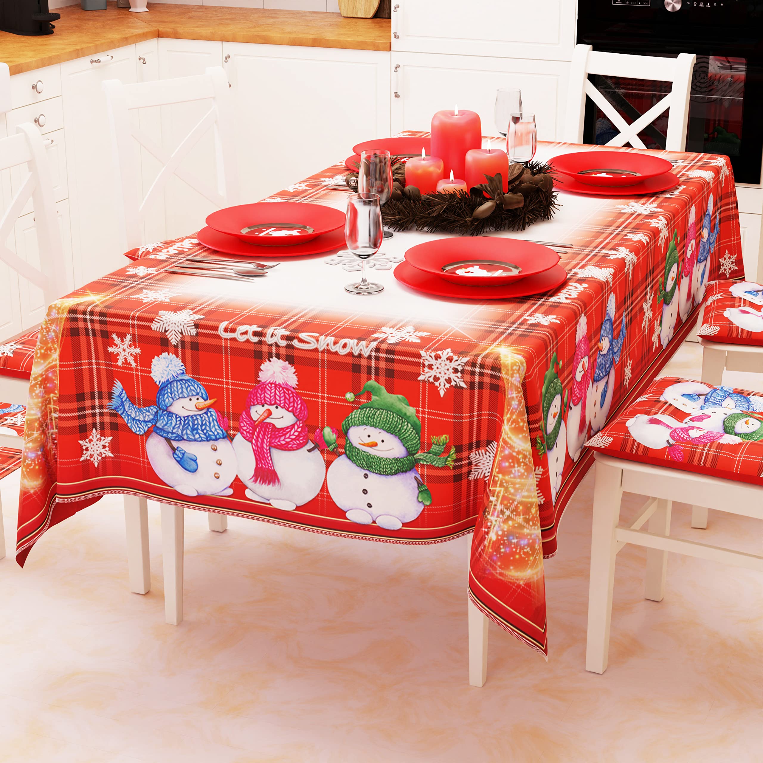 PETTI Artigiani Italiani Tischdecke für Weihnachten, schmutzabweisend, Weihnachtstischdecke mit Schneemann-Design, 12 Sitze (140 x 240 cm), 100% hergestellt in Italien