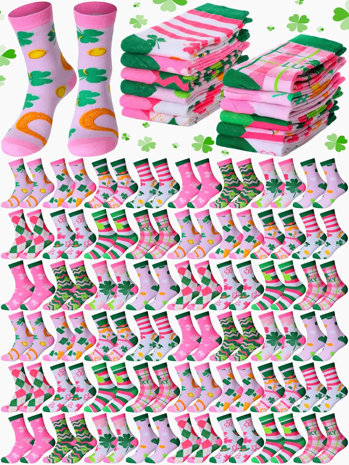 Ramede 48 Pairs St. Patrick Day Socks Bulk Pink & Green Shamrock Clover Novelty Crew Sock Gifts for Women Men Irish Party
