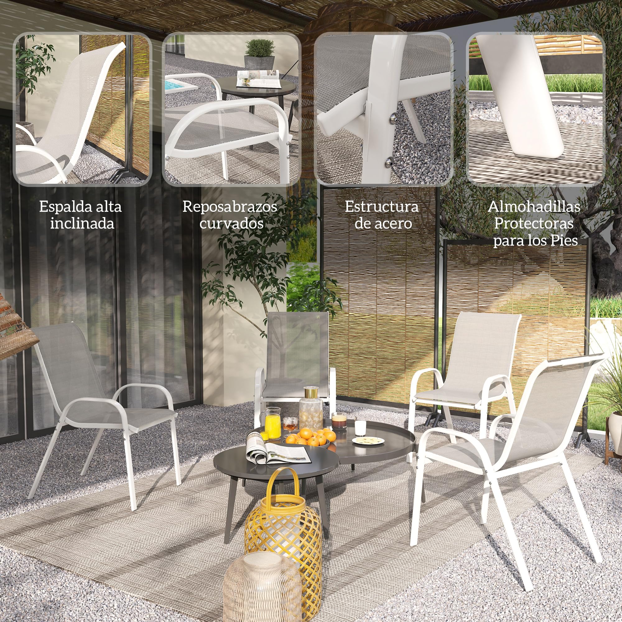 Outsunny Juego de 4 Sillas de Jardín Exterior, Sillas Terraza Exterior Apilables, Sillas de Jardín con Tela Transpirable, Marco de Acero, Reposabrazos y Respaldo, 54x71x93 cm, Gris y Blanco