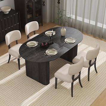 59 to 91 Extendable Dining Table Set for 4-8, Oval Kitchen Table with 4 Upholstered Solid Wooden Chairs, Space-Saving Kitchen & Dining Room Furniture (Black Table and 4 Chairs)