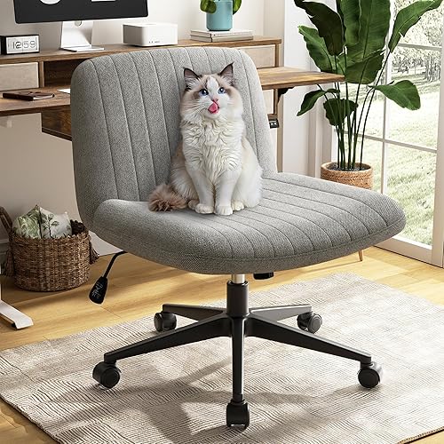 SUNLEI Cross Legged Office Chair with Wheels, Armless Wide Chair's for Vanity Desk, Criss Cross Comfy Chairs with Back, Desk Chair/s of Height Adjustable Swivel, Grey - Grey - With Wheels