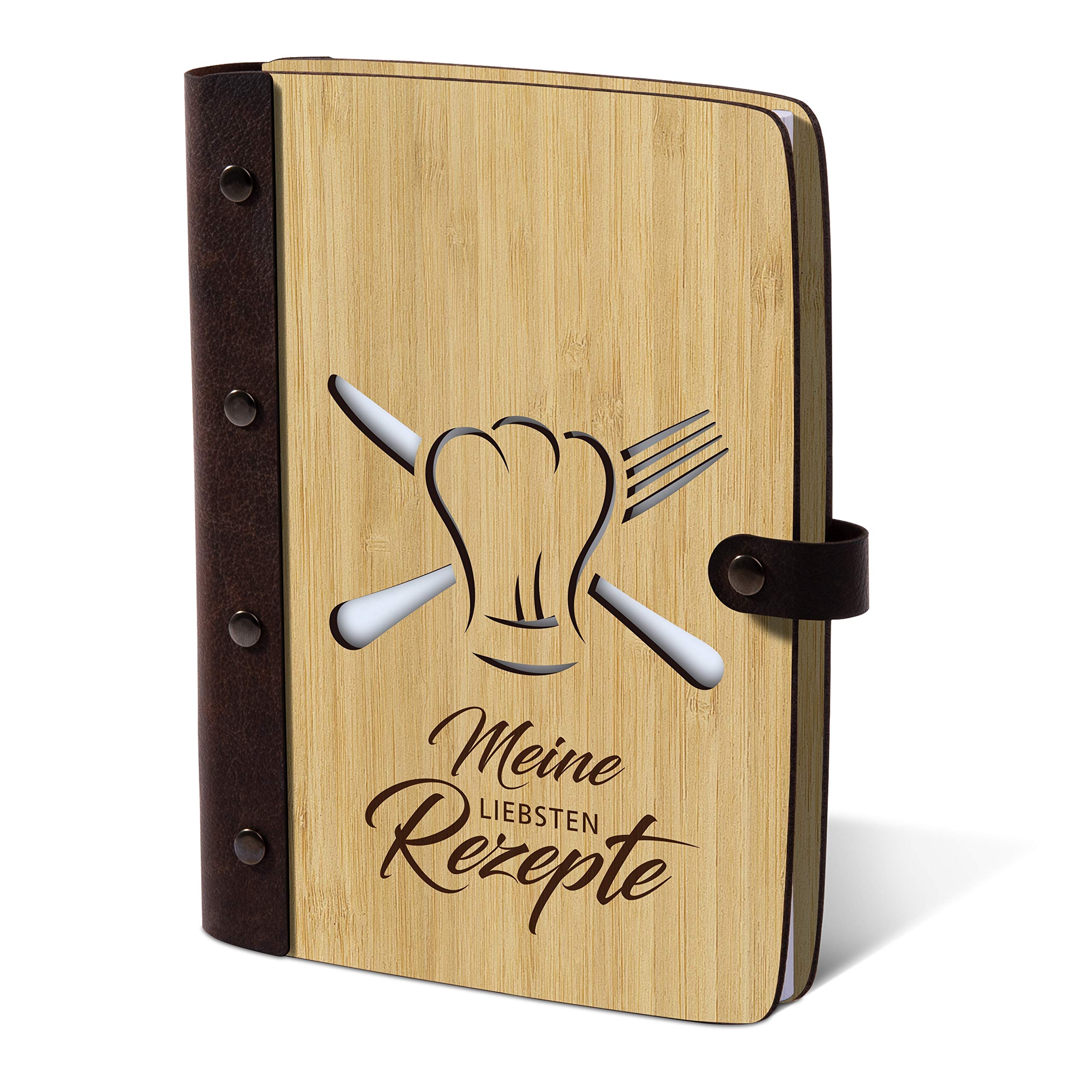 Rezeptbuch Blanko Bambus mit Lederrücken 72 Blätter | 144 Innenseiten Ringmechanik DIN A5 hoch 158x222mm - Kochmütze