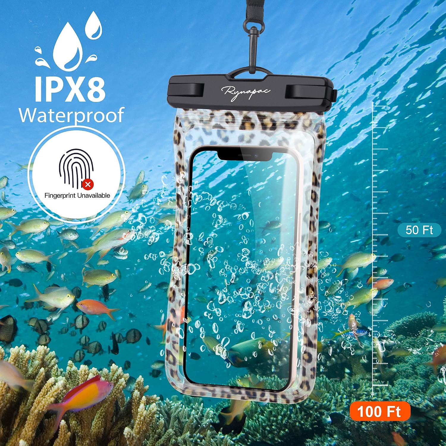 Rynapac Waterproof Phone Pouch Floating Cellphone Dry Bag Case with Airbag Compatible for iPhone 14 13 12 11 Pro Max XS Max Samsung Galaxy, Up to 7" Dry Bag for Holiday - Leopard 1 Pack
