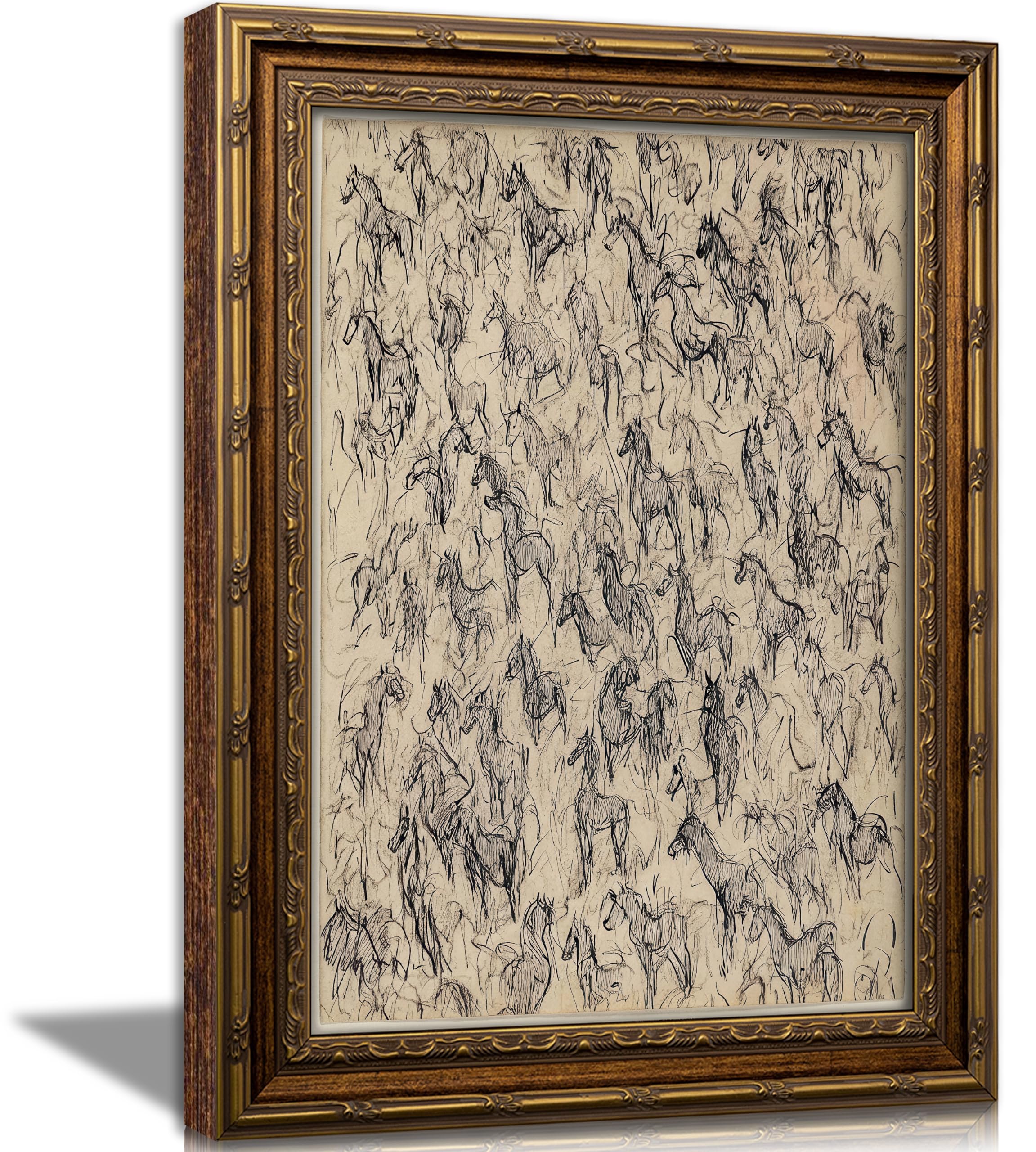 Vintage Gold Framed Horse Sketch Wall Art, Abstract Equestrian Canvas Prints, Rustic Neutral Horse Drawing Wall Decor, Retro Equestrian Drawing Print Artwork for Living Room Bedroom Dorm Office, 9x11in