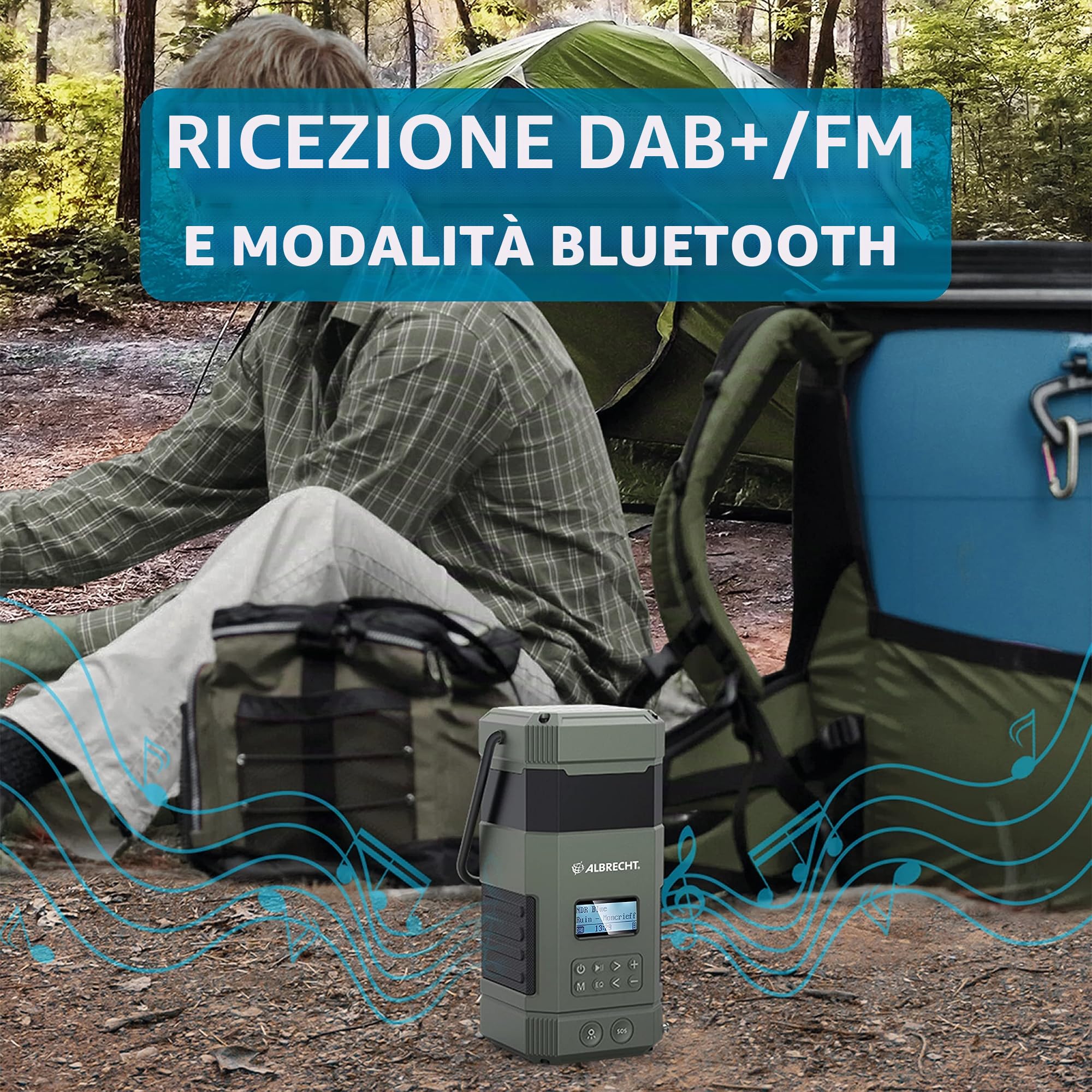 Albrecht DR 114, radio d'emergenza da esterno con lampada da campeggio, portatile DAB+/FM, 27912, chiamata di emergenza SOS,torcia elettrica, pannello solare, PowerBank, protezione dall'acqua IPX5