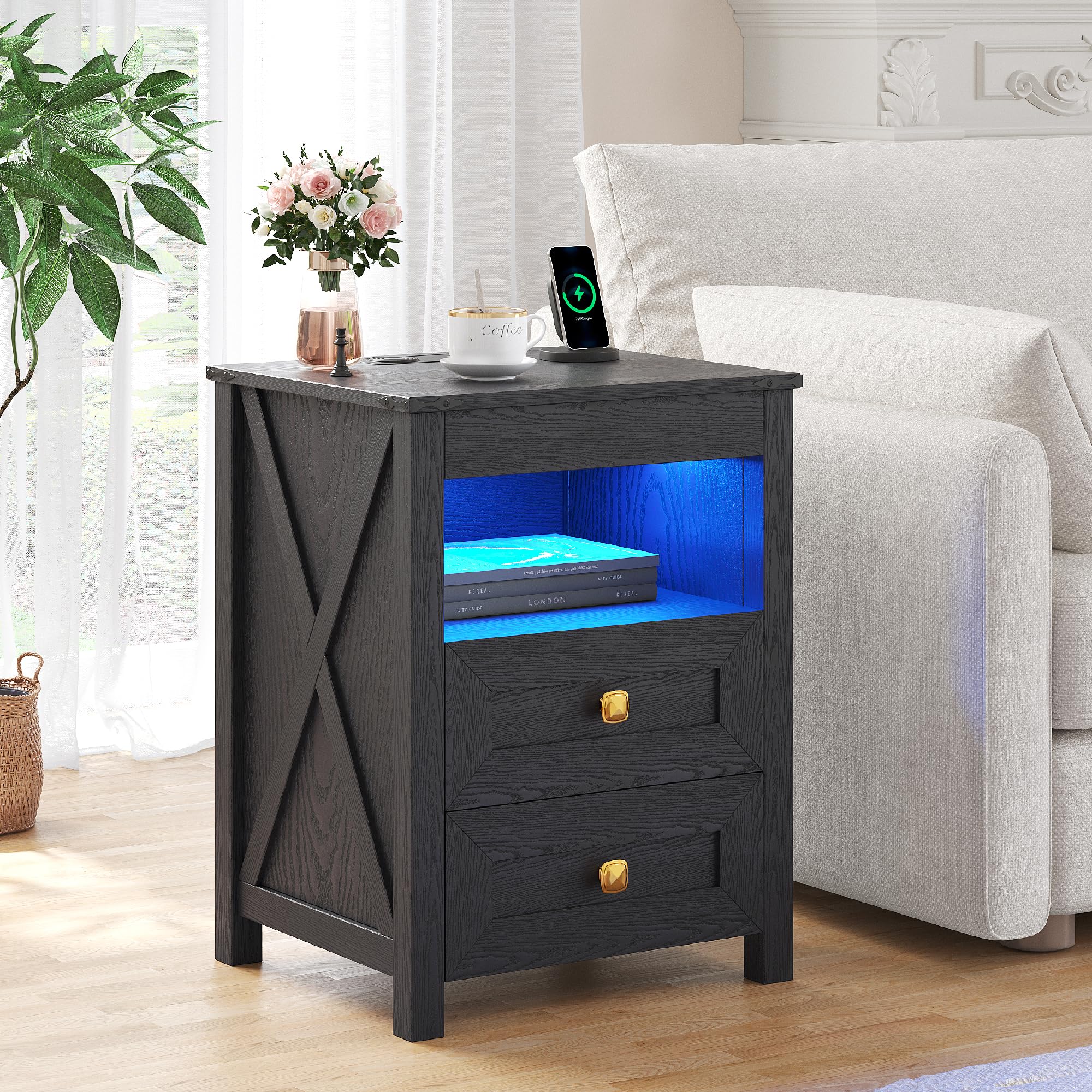 TAGELIER Farmhous Nightstand with Gun Drawer,Bedside Table with Charging Station, Gun Night Stand with LED Light & Human Sensor,Smart End Table for