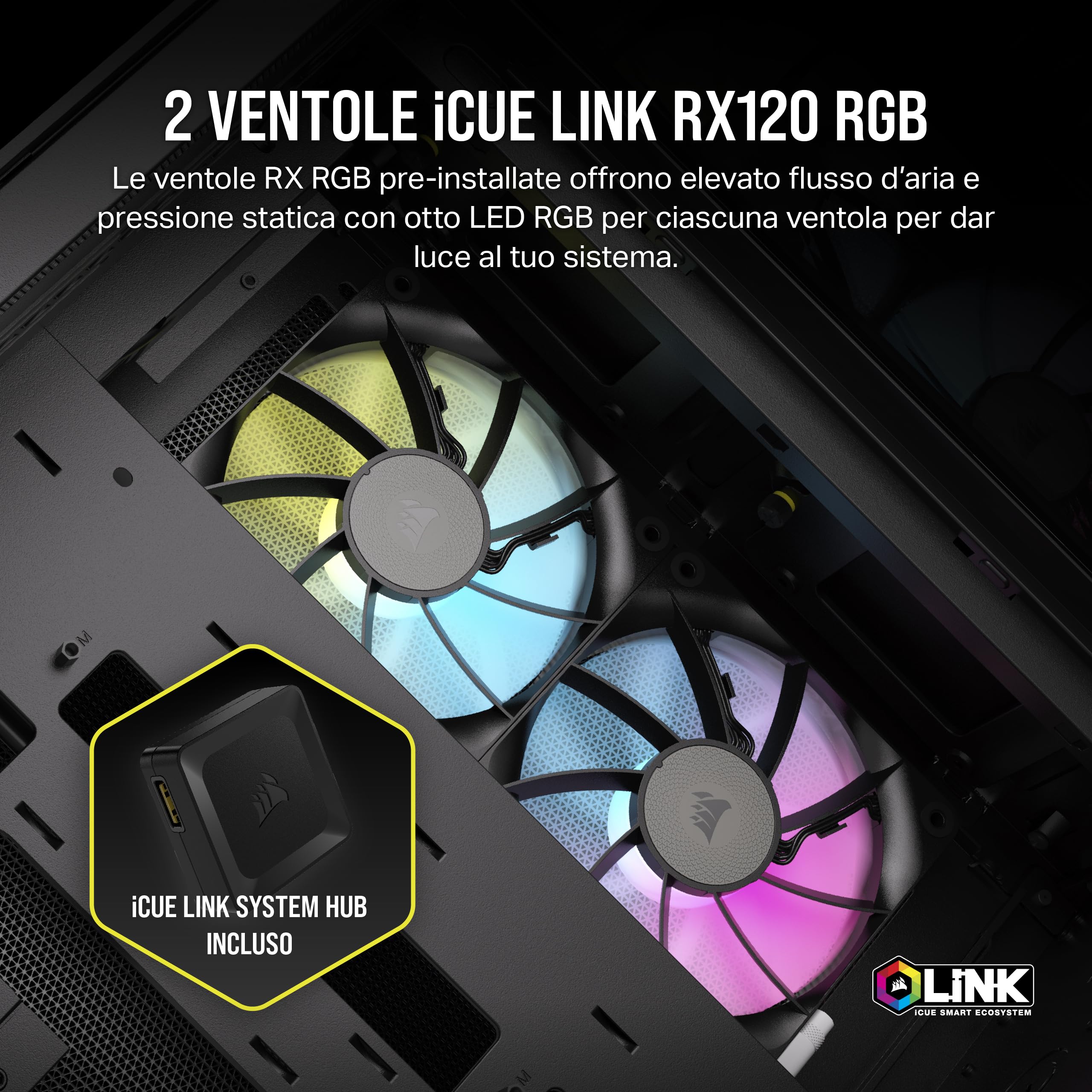 CORSAIR iCUE LINK 2500X RGB Small-Tower mATX Case per PC a Doppia Camera - Vetro Panoramico Temperato - Compatibile con Scheda Madre a Connessione Inversa - 2 Ventole CORSAIR RX120 RGB Incluse - Nero