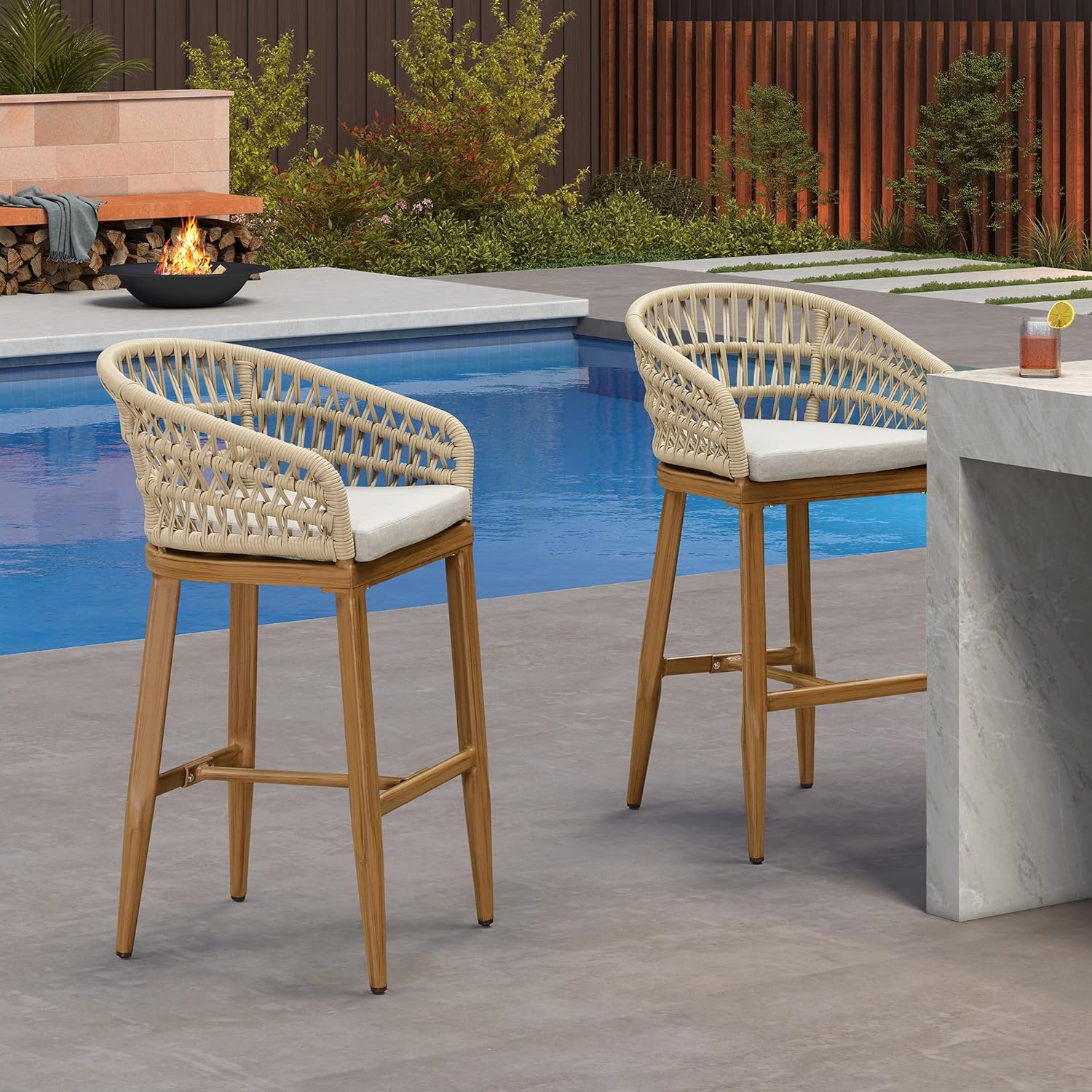 PURPLE LEAF Outdoor Rattan 29" Bar Stools Set of 4, Modern Boho Aluminum Patio Bar Height Chair with Cushion and Back for Outdoor and Indoor, Teak