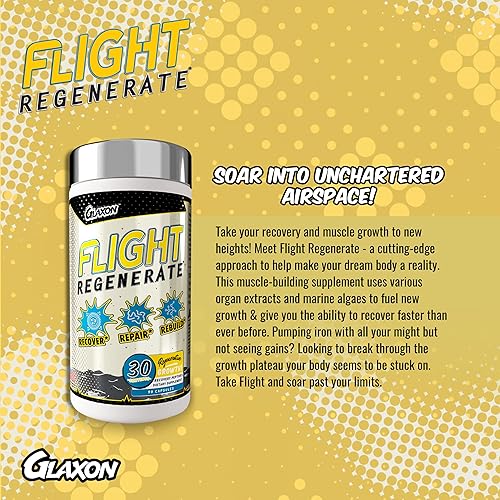 Miniatura 5 de Glaxon Flight Regenerate, 90 cápsulas, suplemento de recuperación y construcción muscular con calostro bovino, espirulina y algas, proporciona