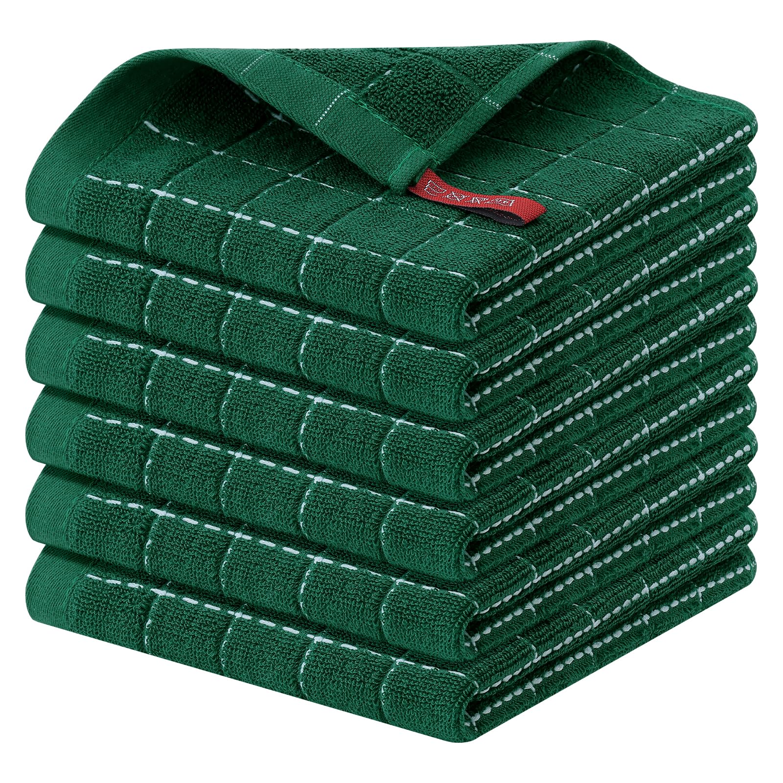 Homaxy 100% Cotton Terry Kitchen Dish Cloths, 6 Pack, Dark Green | Ultra Soft and Absorbent, Suitable for Drying and Washing Dishes