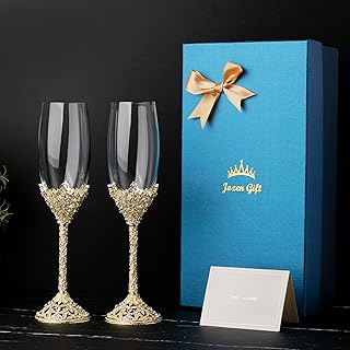 Gold Champagne Flutes Set of 2 Crystal Champagne Glasses Gold Metal Base With Crystal Stones, Set of 2 Toasting Flute Pai...