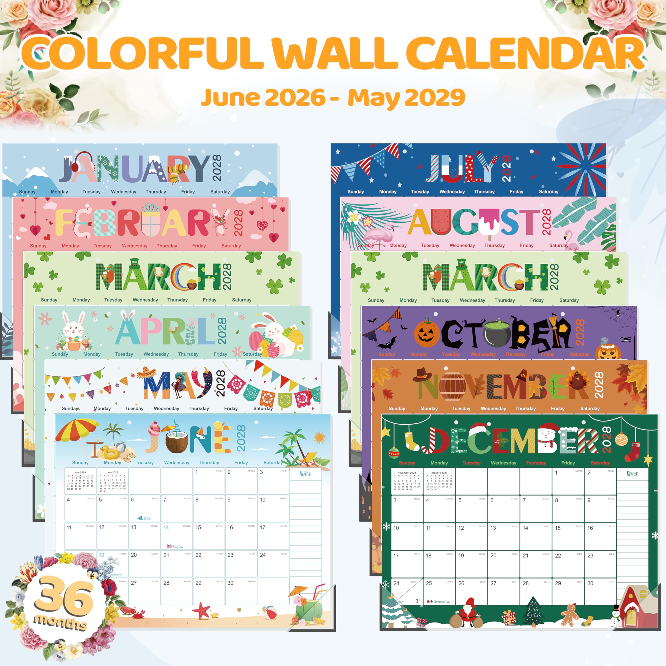 GuassLee Calendario de escritorio 2026-2028, 36 meses, 22 x 17 pulgadas, calendario grande de enero de 2026 a diciembre de 2028, planificador mensual de escritorio/pared con fecha juliana y papel