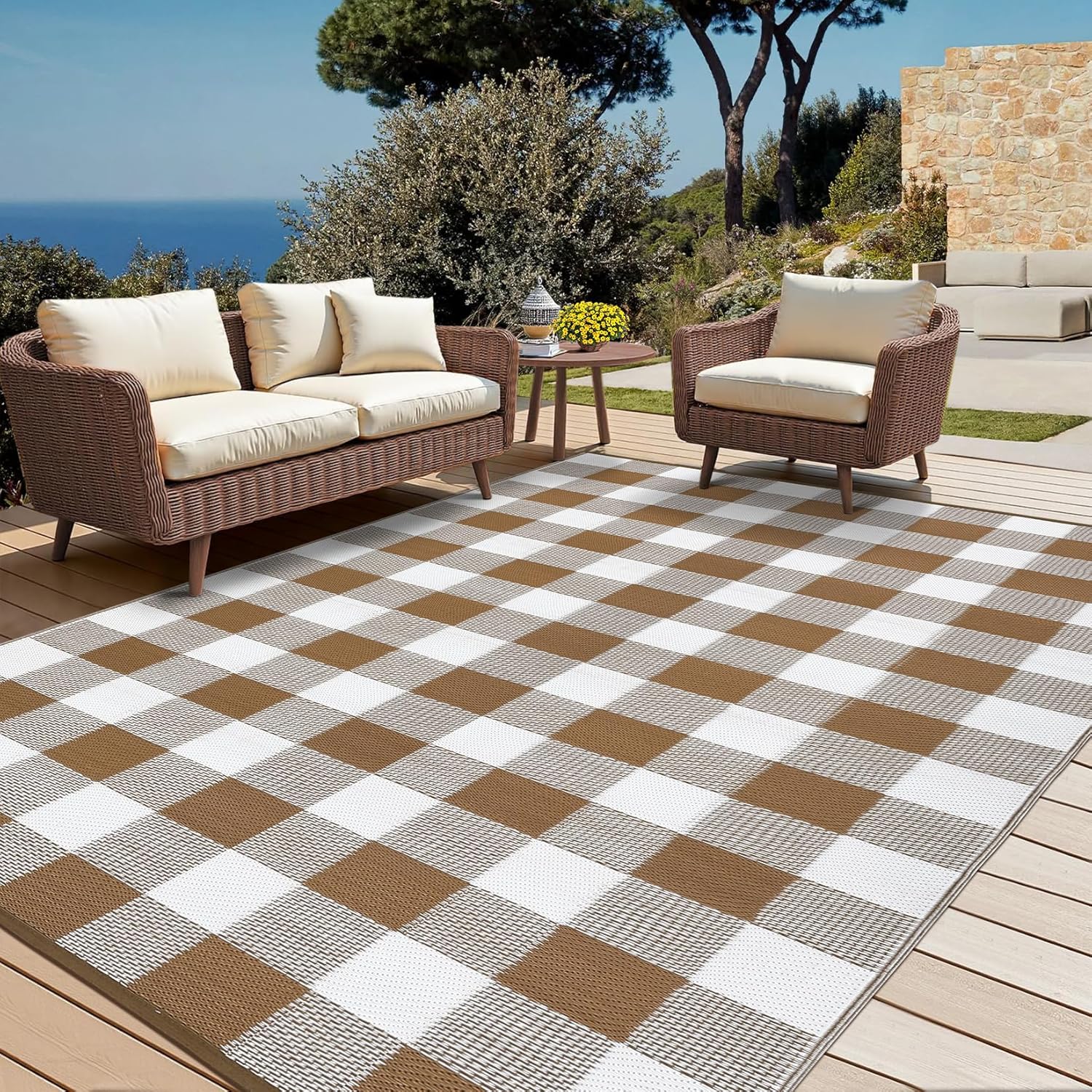 Garvee Waterproof Outdoor Rug 9x12 ft, Reversible Outdoor Plastic Straw Rug with Leaf Pattern, RV Mat, Indoor Outdoor Carpet for Patio, Camping, Balcony, Deck, Backyard,Brown/White-Plaid